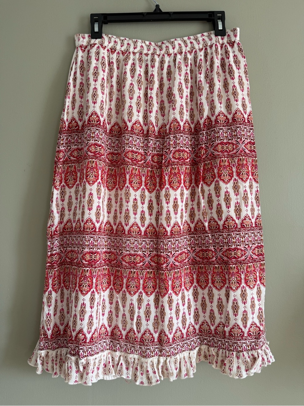 Life Style Boho Paisley Floral Midi Skirt Size L Lined Ruffle Hem Elastic Waist
